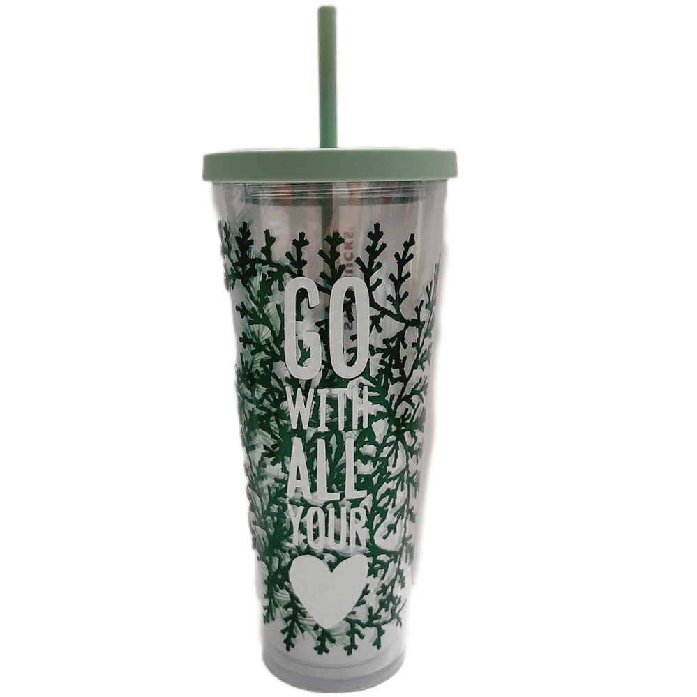 🍒 STARBUCKS "Go With All Your Heart" Green Tumbler Cold Cup Twist Top 24oz